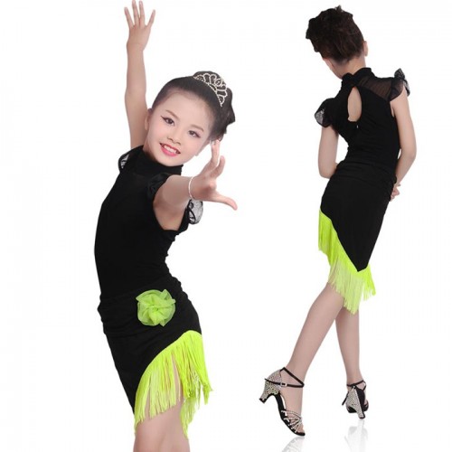Girls Kids Children Modern Ballroom Latin Dance Dress Green Fringe Salsa Tango Dance Wear Black Performance Stage Wear